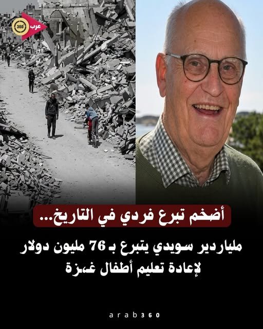 تبرع قياسي لدعم أطفال غزة.. الملياردير السويدي روجر أكيليوس يخصص 800 مليون لدعم التعليم